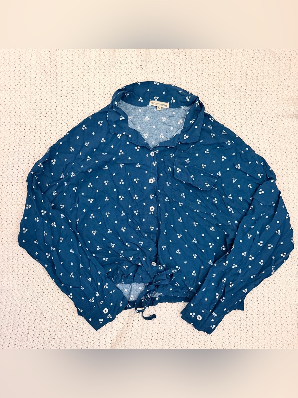 Goddess Teal Blue Floral Tie-Hem Button-Down Shirt